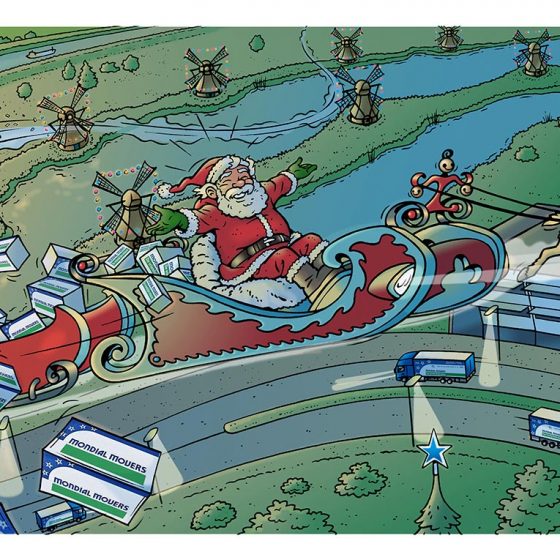 illustratie kerstkaart Mondial Moovers i.o.v. Timereclame.nl
