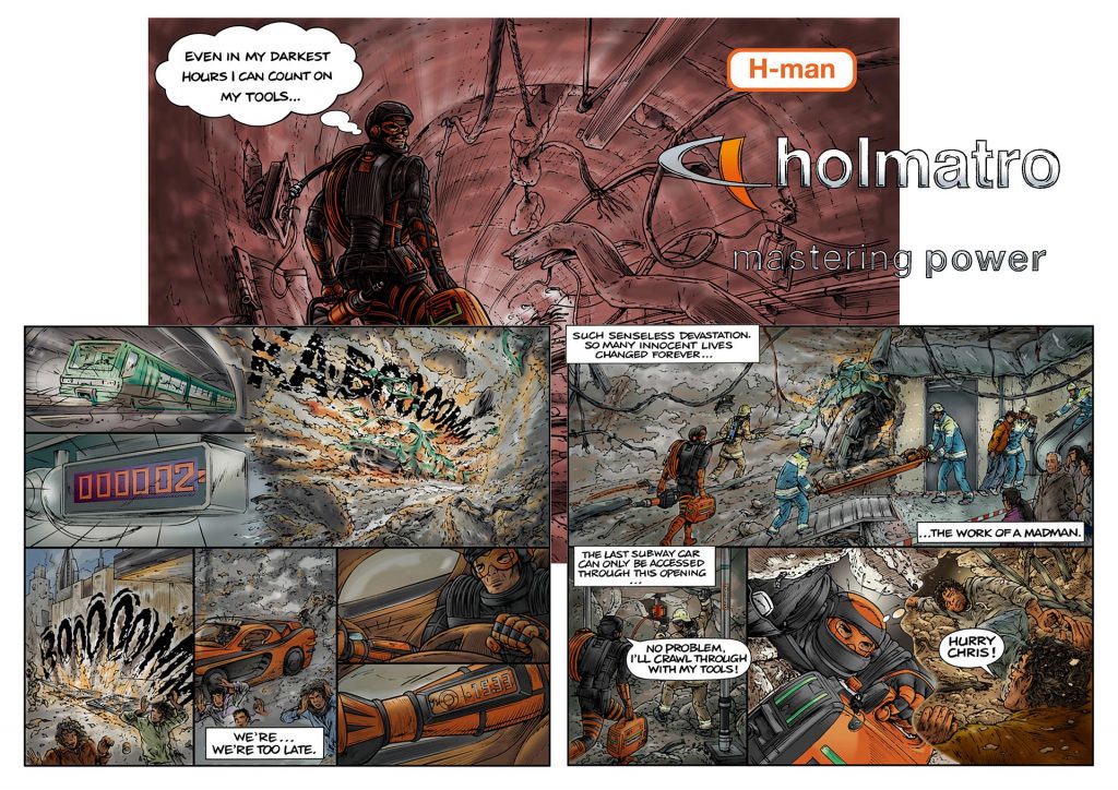 ontwerp en illustraties t.b.v. 'H man-strip-Holmatro(2) i.o.v. Goals.nl